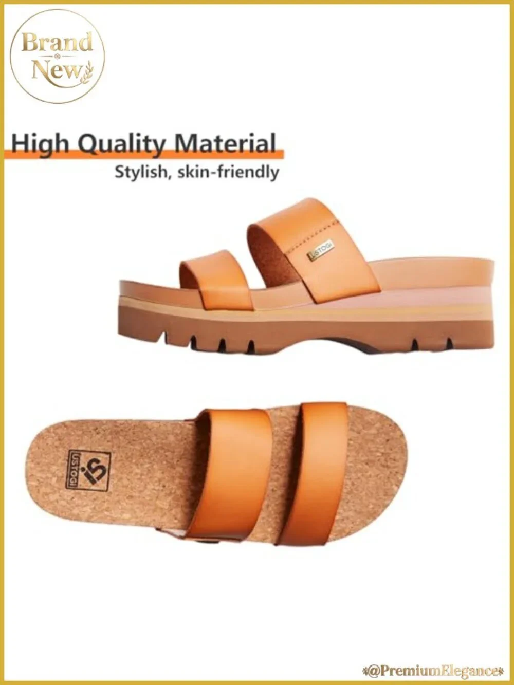 Platform Sandals Arch Support Cork Footbed Slides 2 Strap Vegan Leather